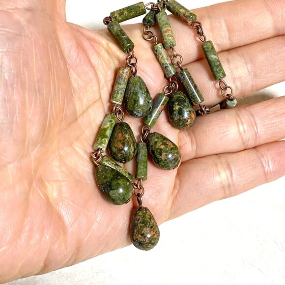 Rustic Natural Green Waterdrop Unakite Necklace, Genuine Gemstone + Copper Chain - Picture 12 of 12